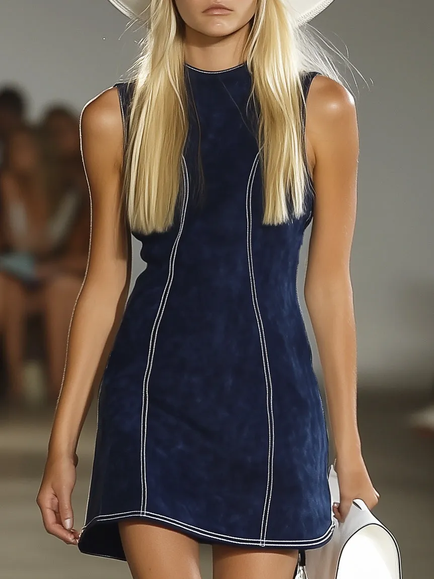 Statement Western Stitching Blue Suede Sleeveless Mini Dress