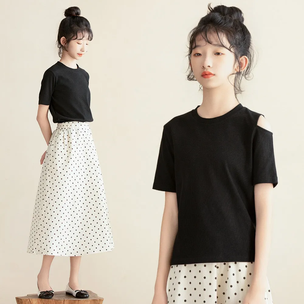 露肩T恤 波点半裙 Shoulder Cut-Out Top & Polka Dot Skirt 2-Piece Set