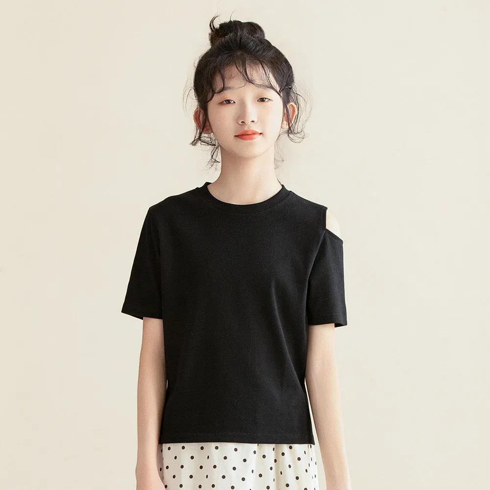 露肩T恤 波点半裙 Shoulder Cut-Out Top & Polka Dot Skirt 2-Piece Set