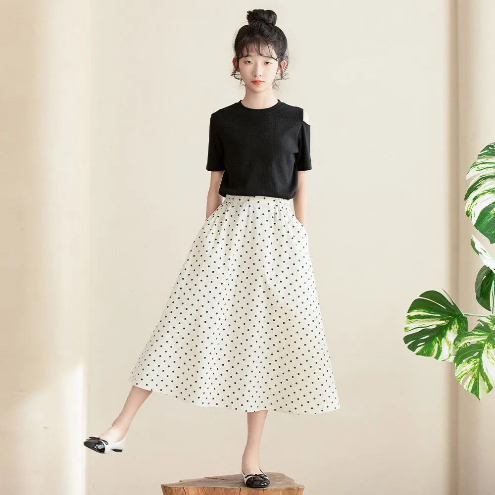 露肩T恤 波点半裙 Shoulder Cut-Out Top & Polka Dot Skirt 2-Piece Set