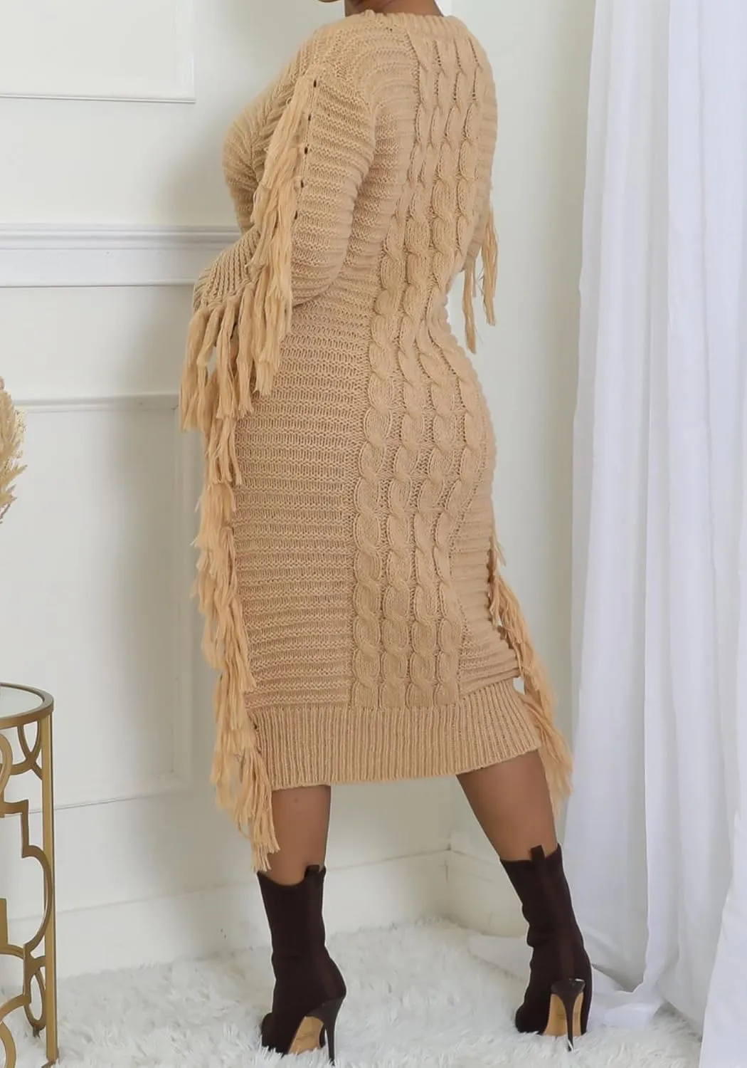 Vaceky Fringe Sweater Dress Women Turtleneck Side Tassel Cable Knit Maxi Long Dresses
