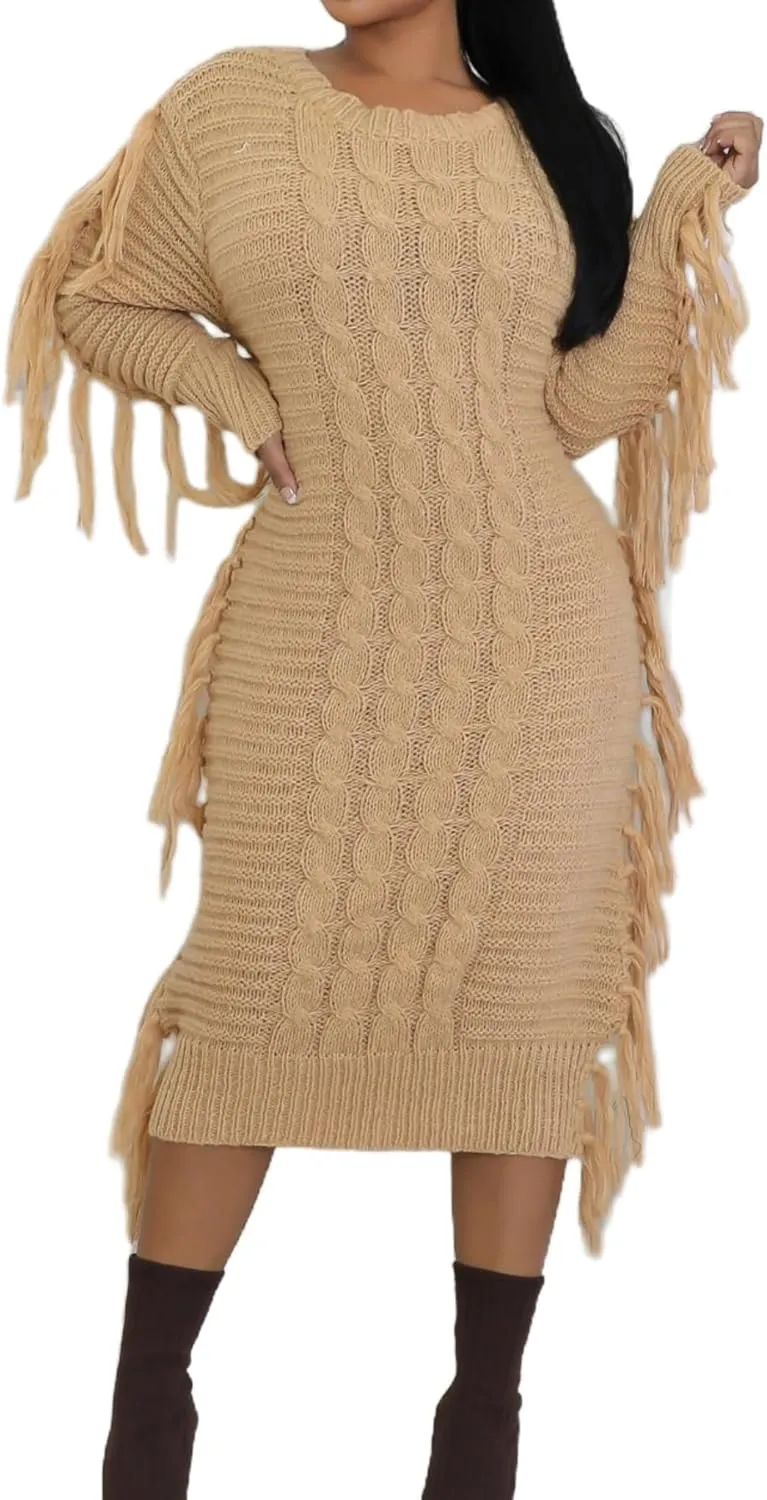 Vaceky Fringe Sweater Dress Women Turtleneck Side Tassel Cable Knit Maxi Long Dresses