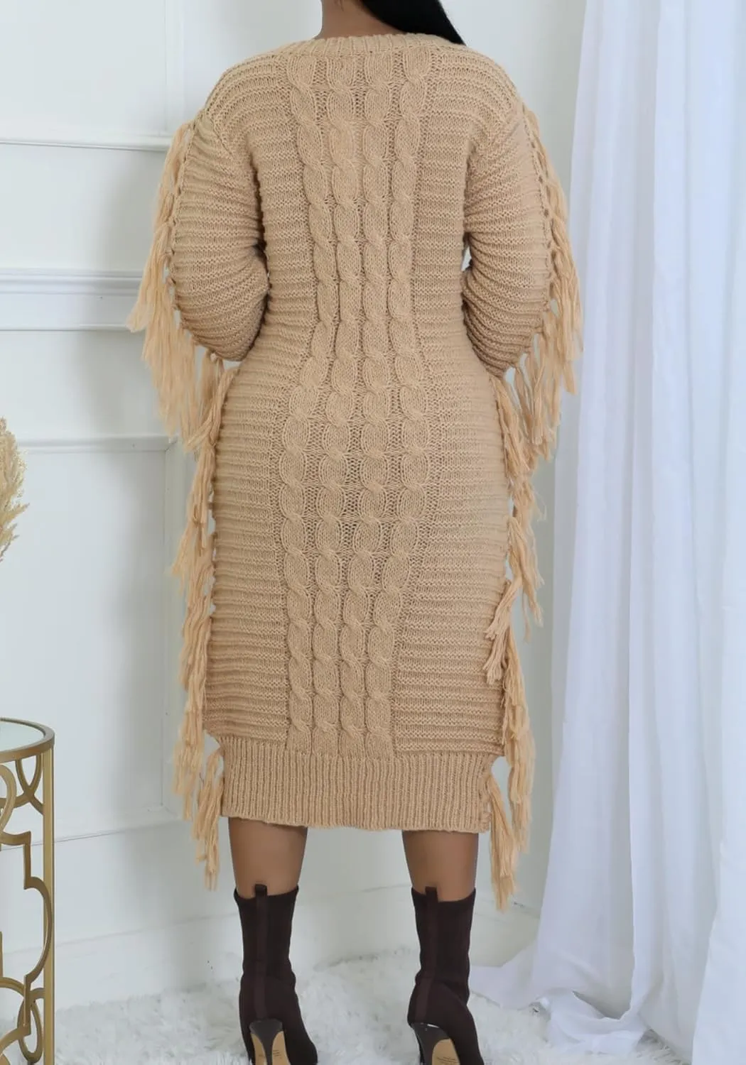 Vaceky Fringe Sweater Dress Women Turtleneck Side Tassel Cable Knit Maxi Long Dresses
