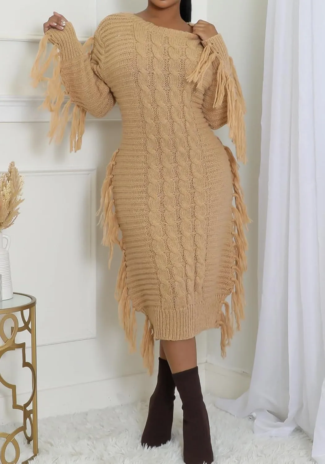 Vaceky Fringe Sweater Dress Women Turtleneck Side Tassel Cable Knit Maxi Long Dresses