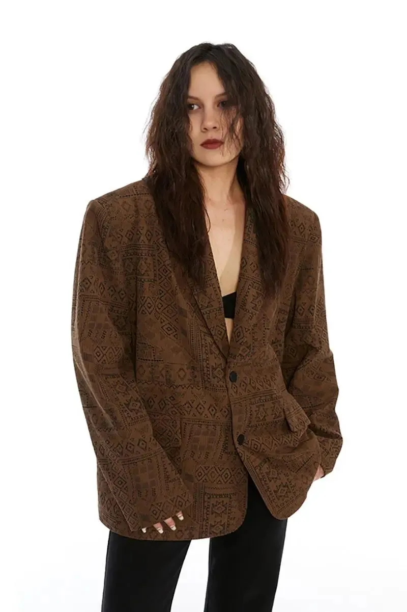 Vintage Print Brown Blazer