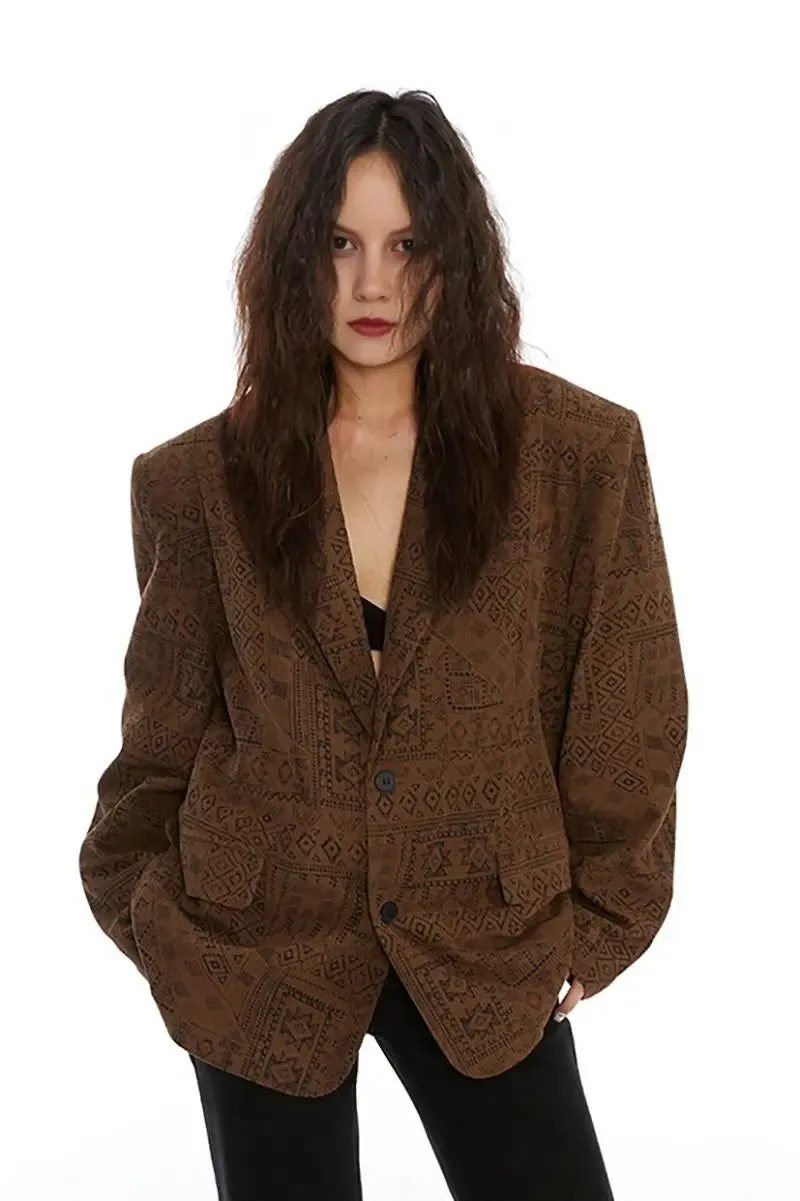Vintage Print Brown Blazer