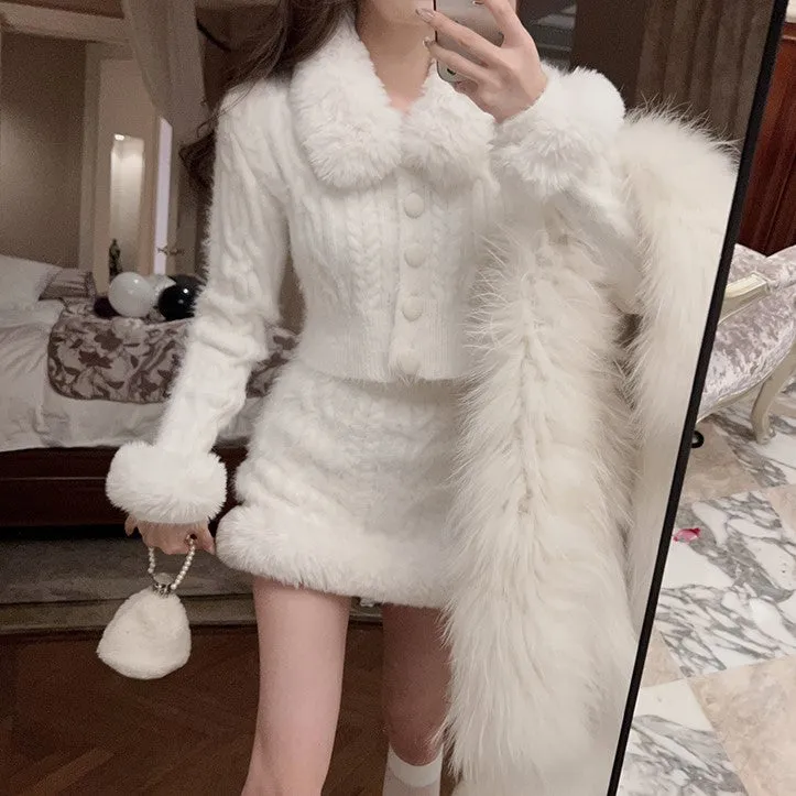 Winter Chic Black & White Knit Fur Collar Jacket Sweater Skirt Two Piece Set