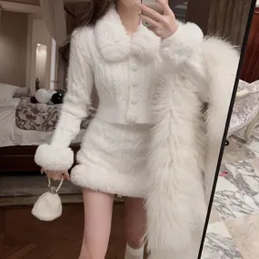 Winter Chic Black & White Knit Fur Collar Jacket Sweater Skirt Two Piece Set