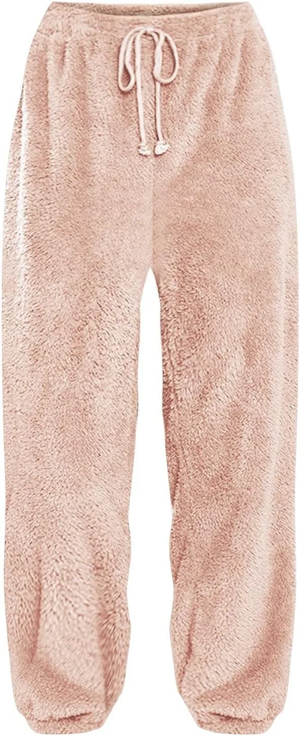 Women High Waist Plush Pants Soft Warm Fleece Full Length Pant Solid Lounge Loose Trousers Fuzzy Drawstring Pants