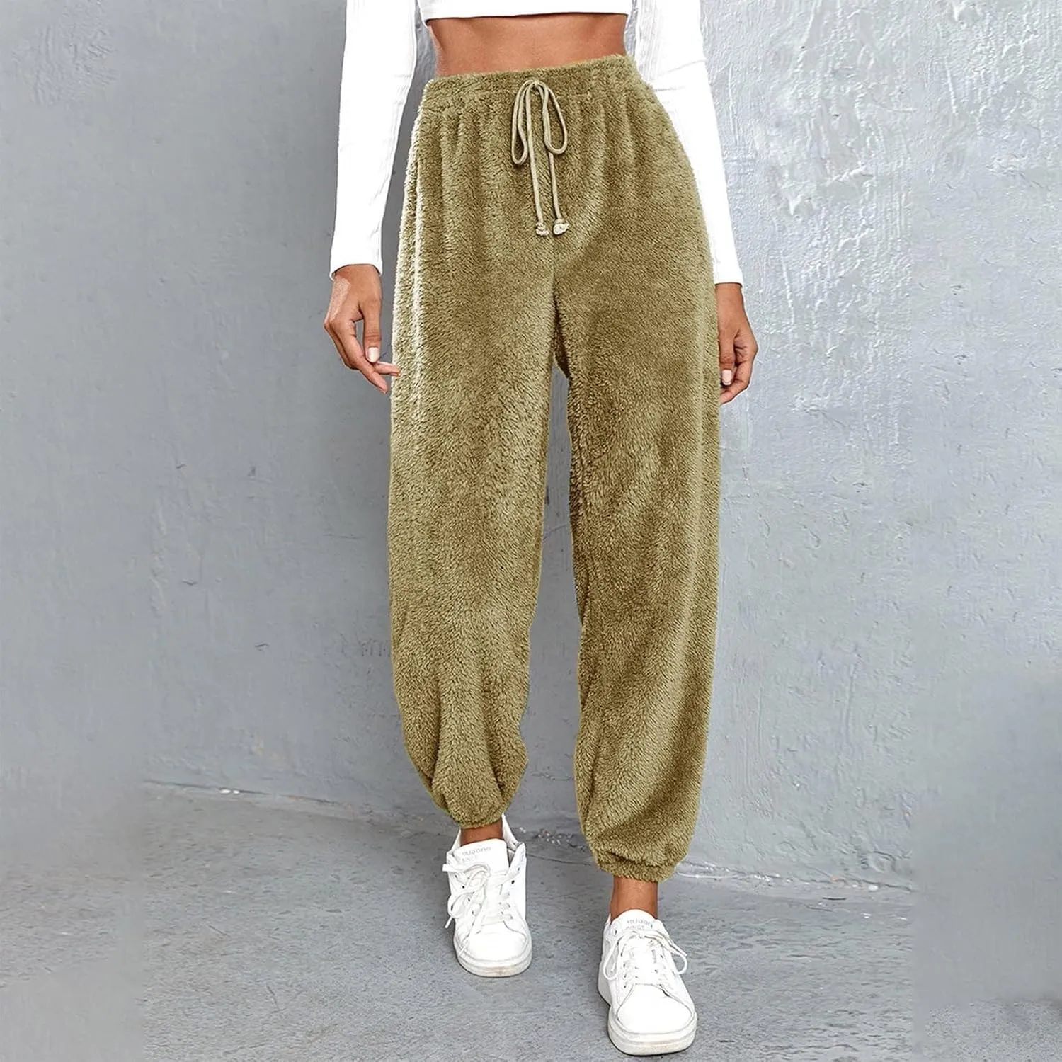 Women High Waist Plush Pants Soft Warm Fleece Full Length Pant Solid Lounge Loose Trousers Fuzzy Drawstring Pants