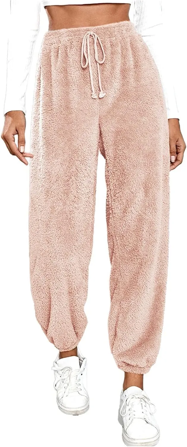 Women High Waist Plush Pants Soft Warm Fleece Full Length Pant Solid Lounge Loose Trousers Fuzzy Drawstring Pants