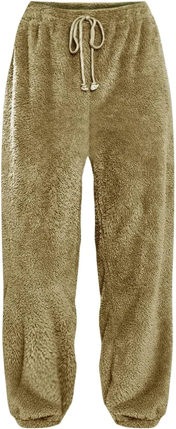 Women High Waist Plush Pants Soft Warm Fleece Full Length Pant Solid Lounge Loose Trousers Fuzzy Drawstring Pants