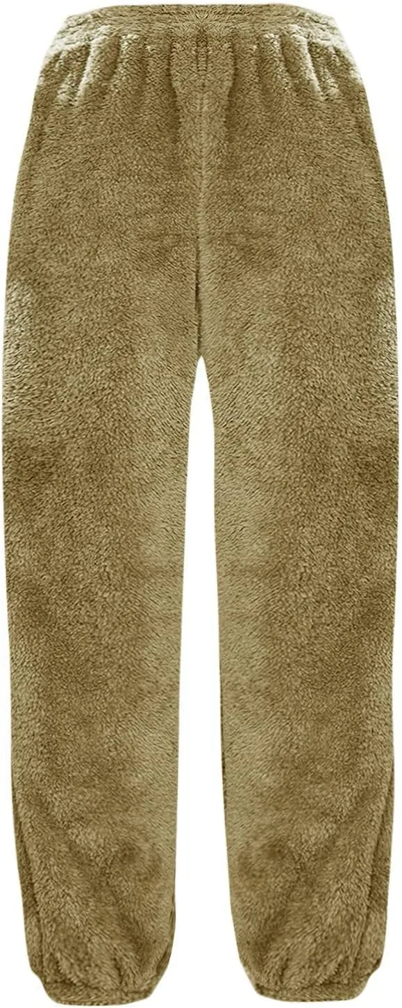 Women High Waist Plush Pants Soft Warm Fleece Full Length Pant Solid Lounge Loose Trousers Fuzzy Drawstring Pants
