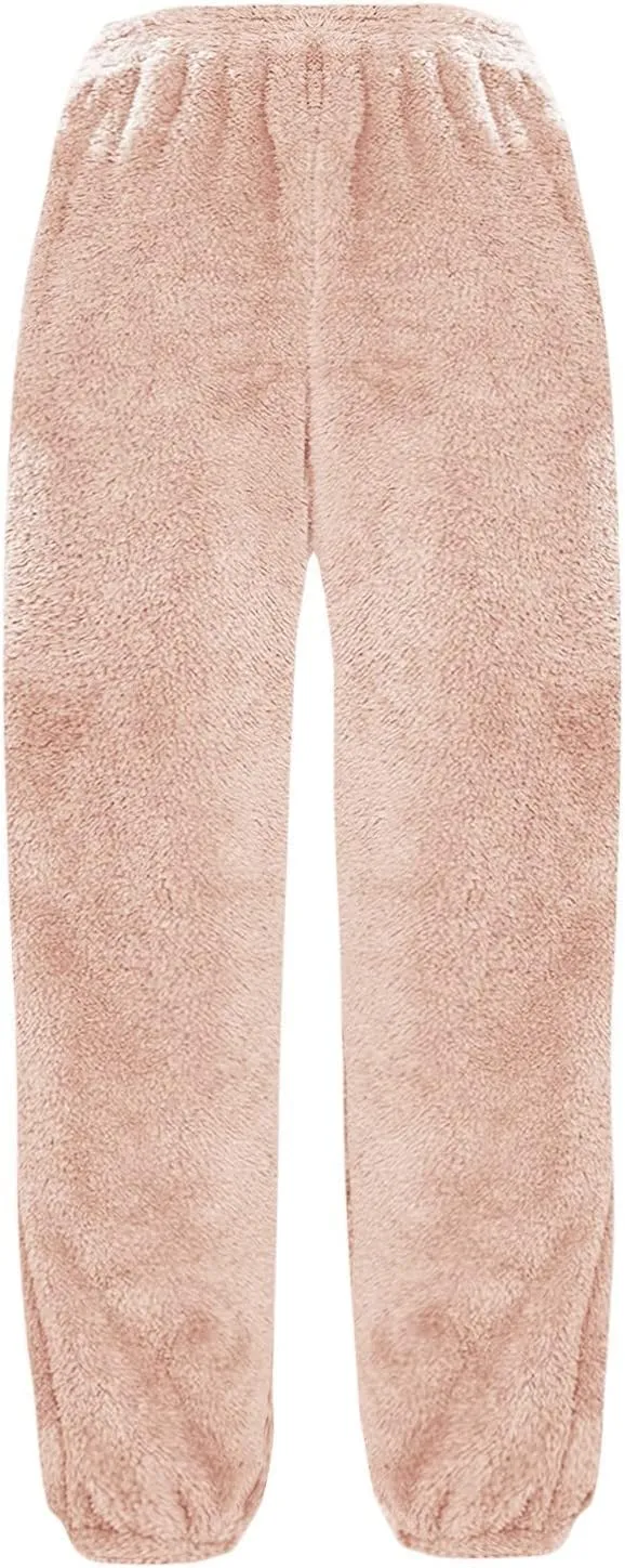 Women High Waist Plush Pants Soft Warm Fleece Full Length Pant Solid Lounge Loose Trousers Fuzzy Drawstring Pants