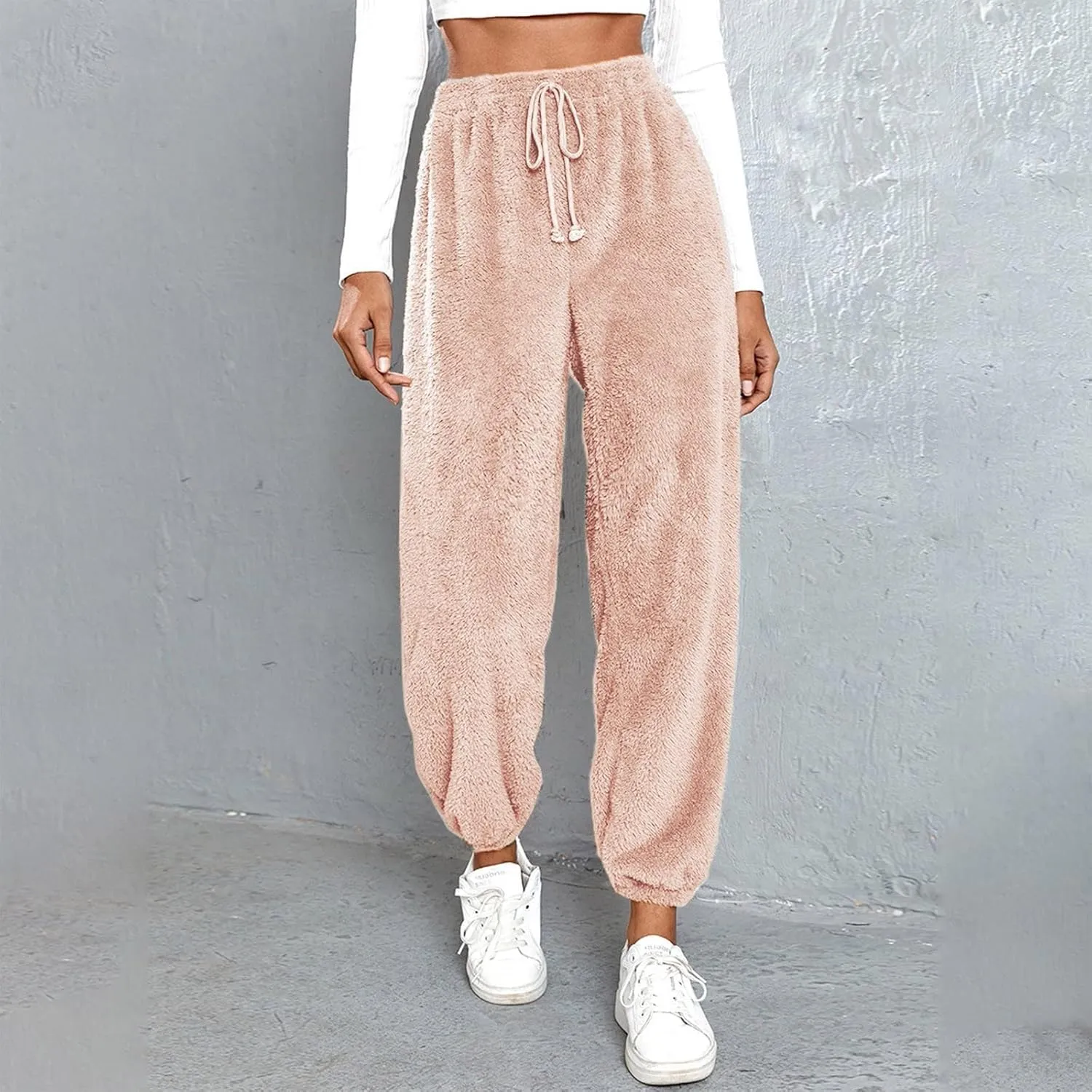 Women High Waist Plush Pants Soft Warm Fleece Full Length Pant Solid Lounge Loose Trousers Fuzzy Drawstring Pants