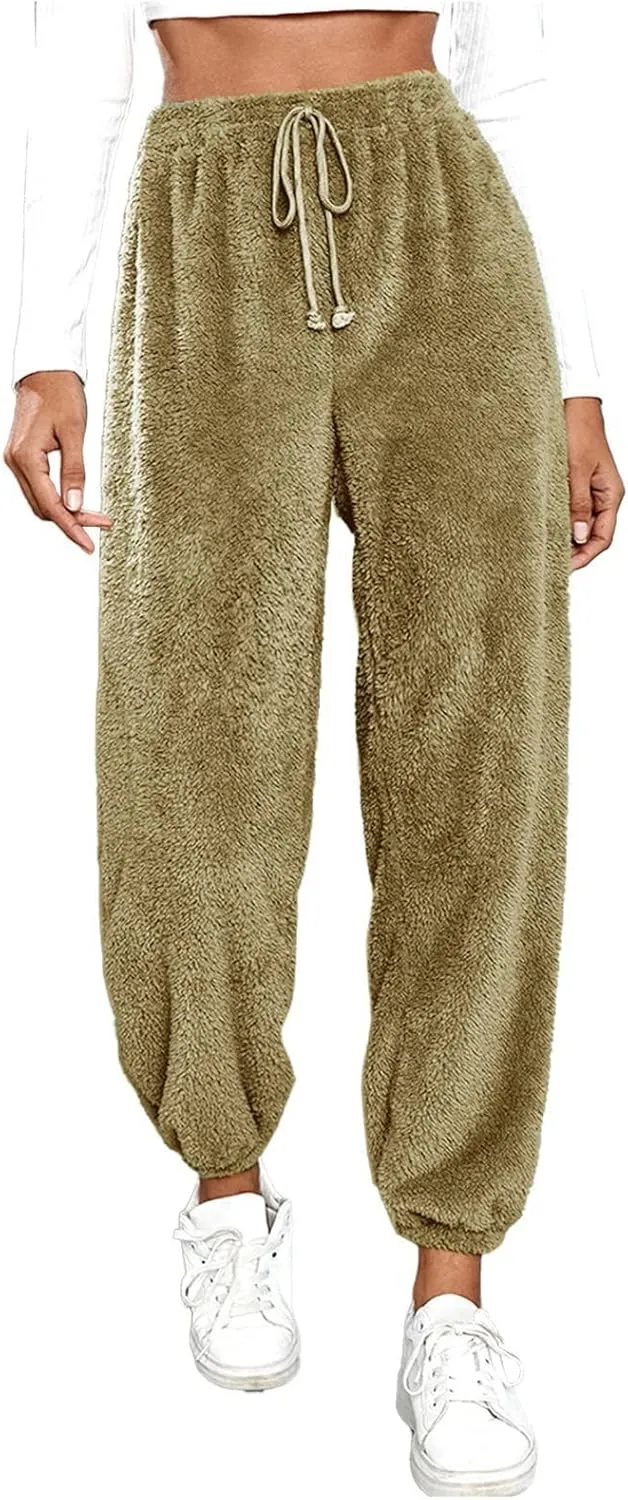 Women High Waist Plush Pants Soft Warm Fleece Full Length Pant Solid Lounge Loose Trousers Fuzzy Drawstring Pants