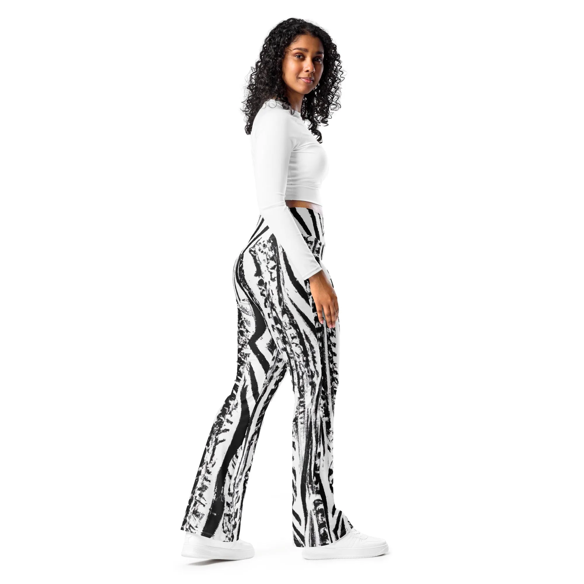 Womens Flare Leggings - Black White Native Print