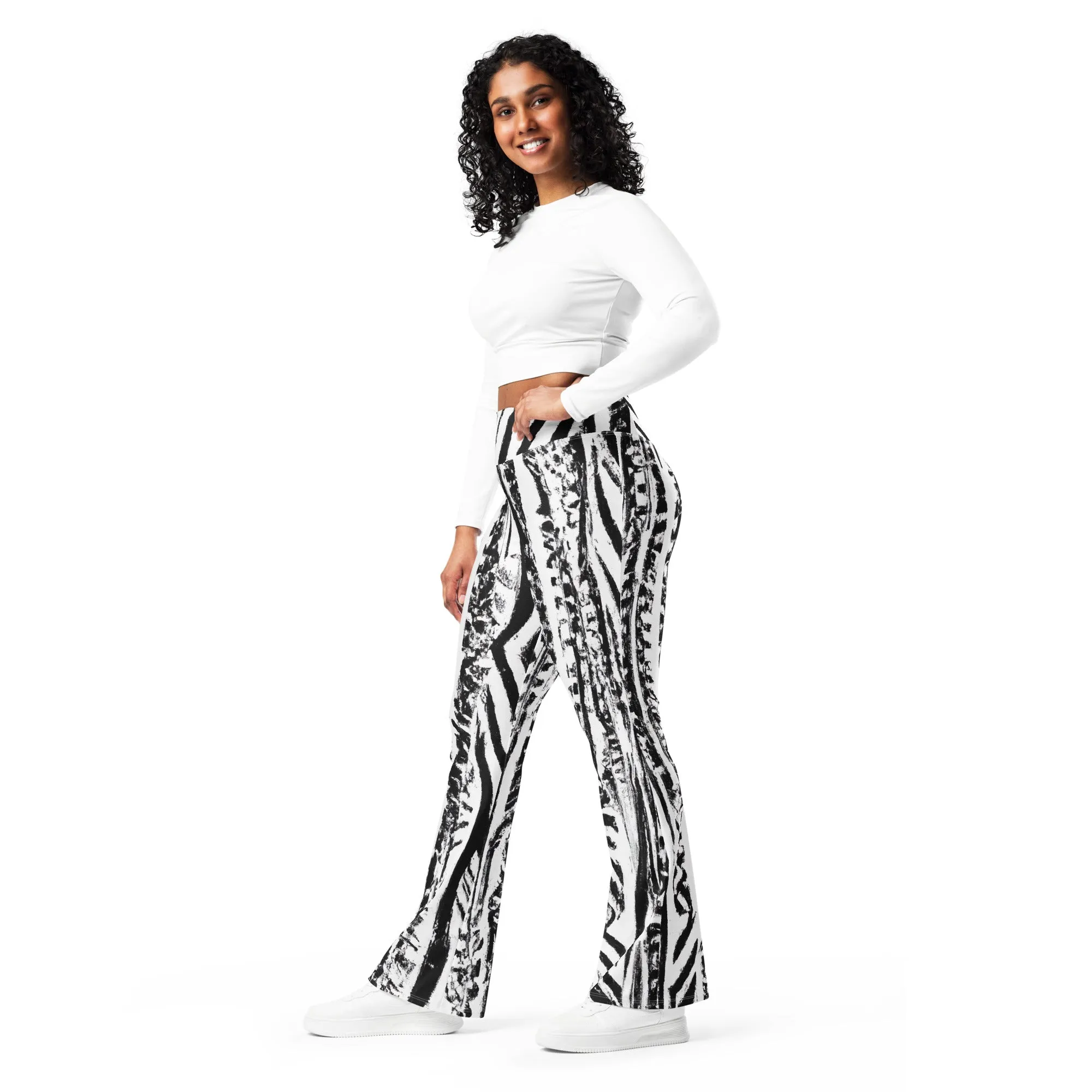 Womens Flare Leggings - Black White Native Print