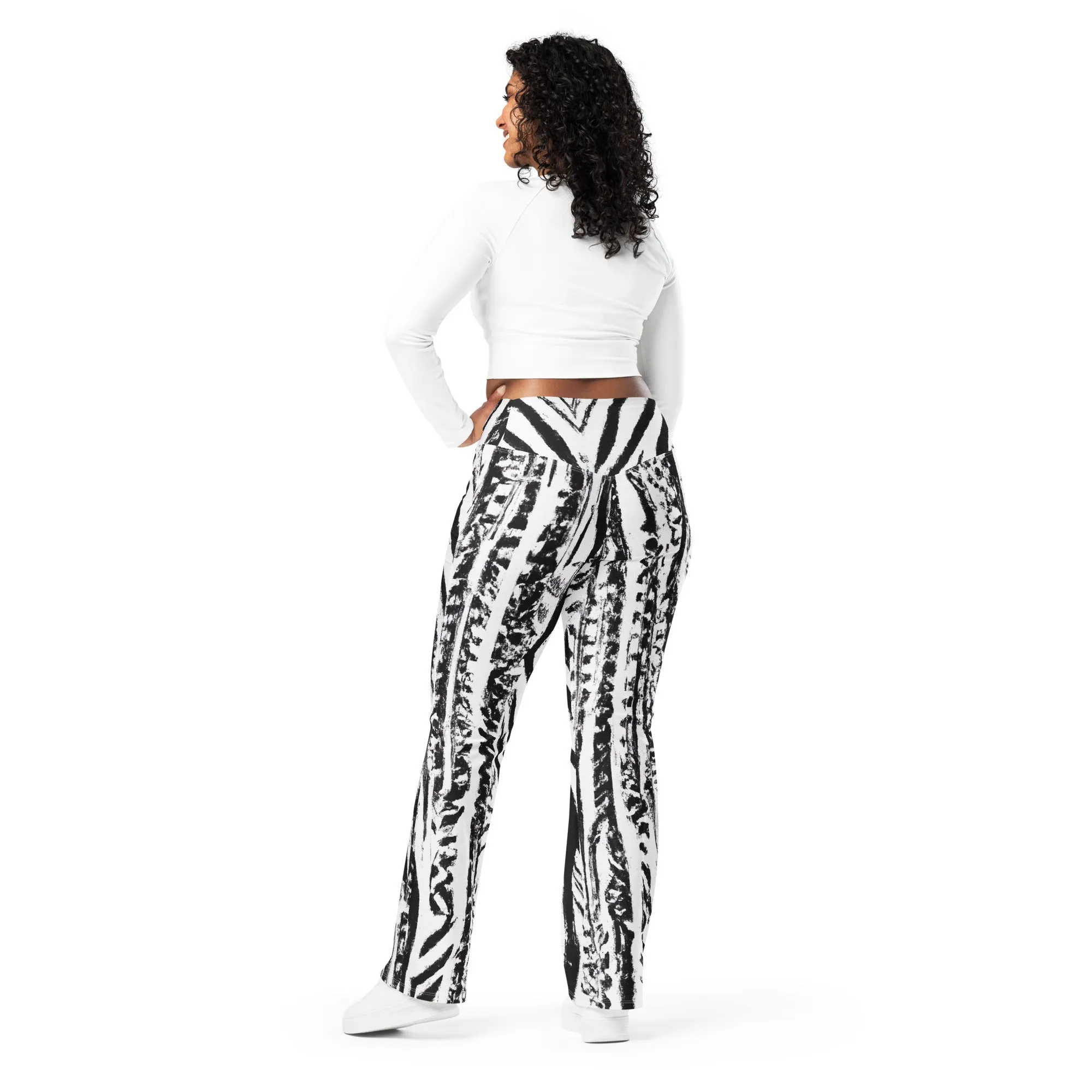Womens Flare Leggings - Black White Native Print