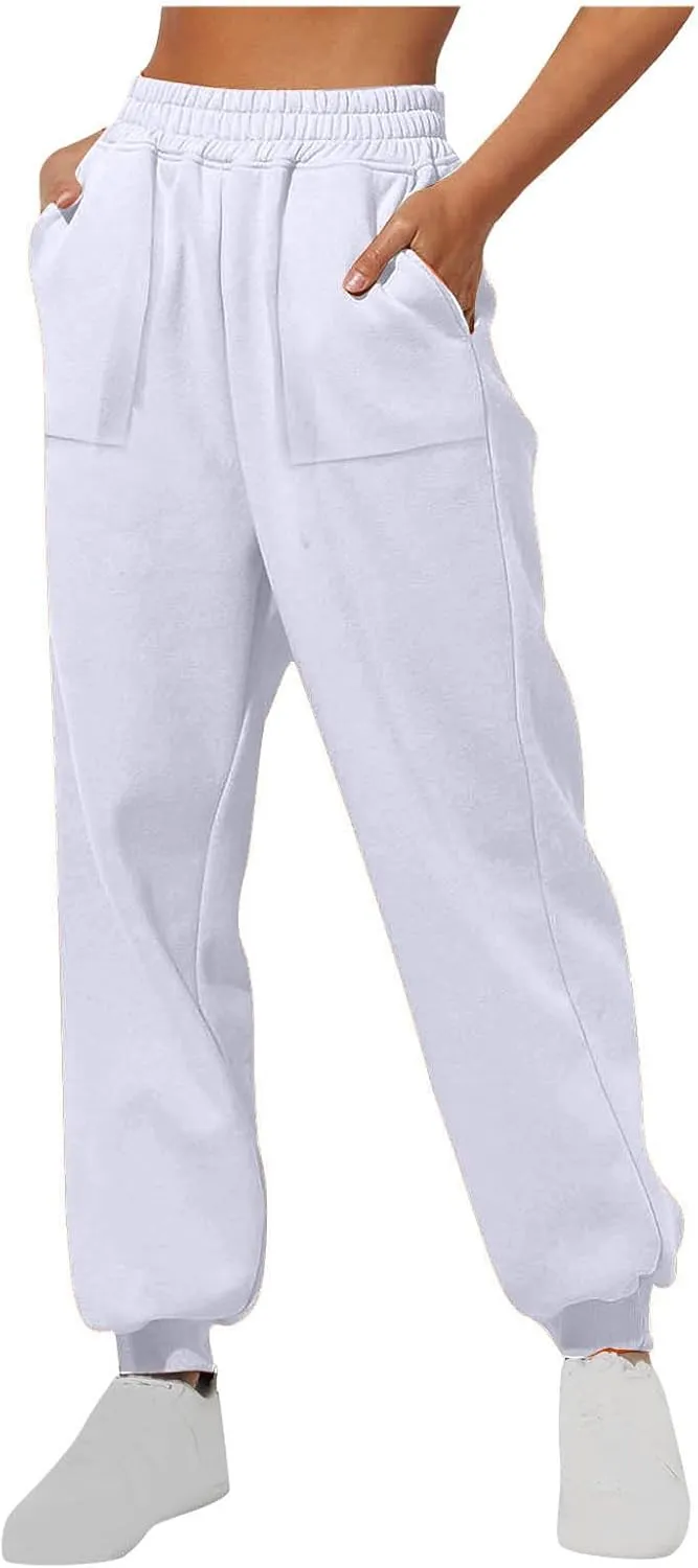 Womens Fleece Lined Baggy Cinch Bottom Sweatpants Sport Solid Color Yoga with Pockets Trousers Loose Fit Casual Soft