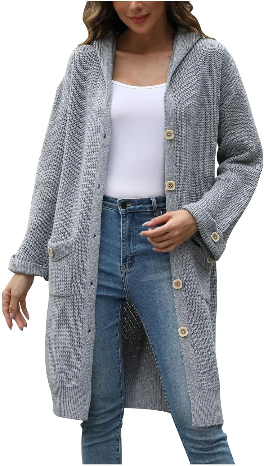 Women's Long Sleeve Knit Cardigan Open Front Drop Shoulder Cozy Sweater Coat with Pockets Spring Fall Tops 2024