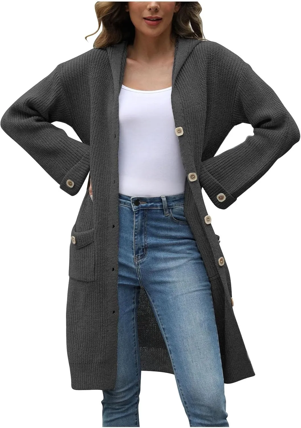 Women's Long Sleeve Knit Cardigan Open Front Drop Shoulder Cozy Sweater Coat with Pockets Spring Fall Tops 2024