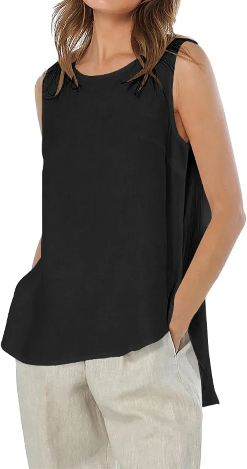 Womens Summer Casual Natural Linen Sleeveless Tank Tops Basic Lightweight Crewneck Blouse Shirts Layering Tee