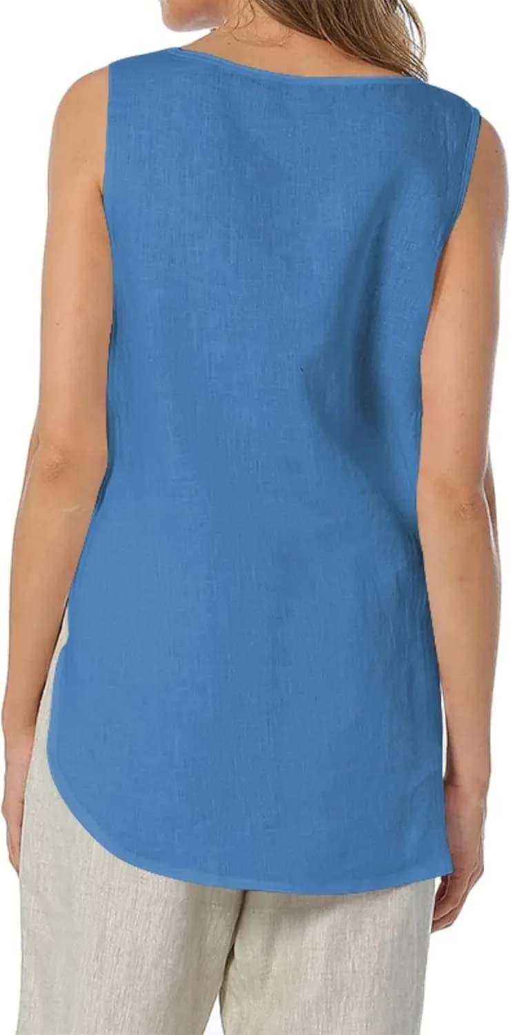 Womens Summer Casual Natural Linen Sleeveless Tank Tops Basic Lightweight Crewneck Blouse Shirts Layering Tee