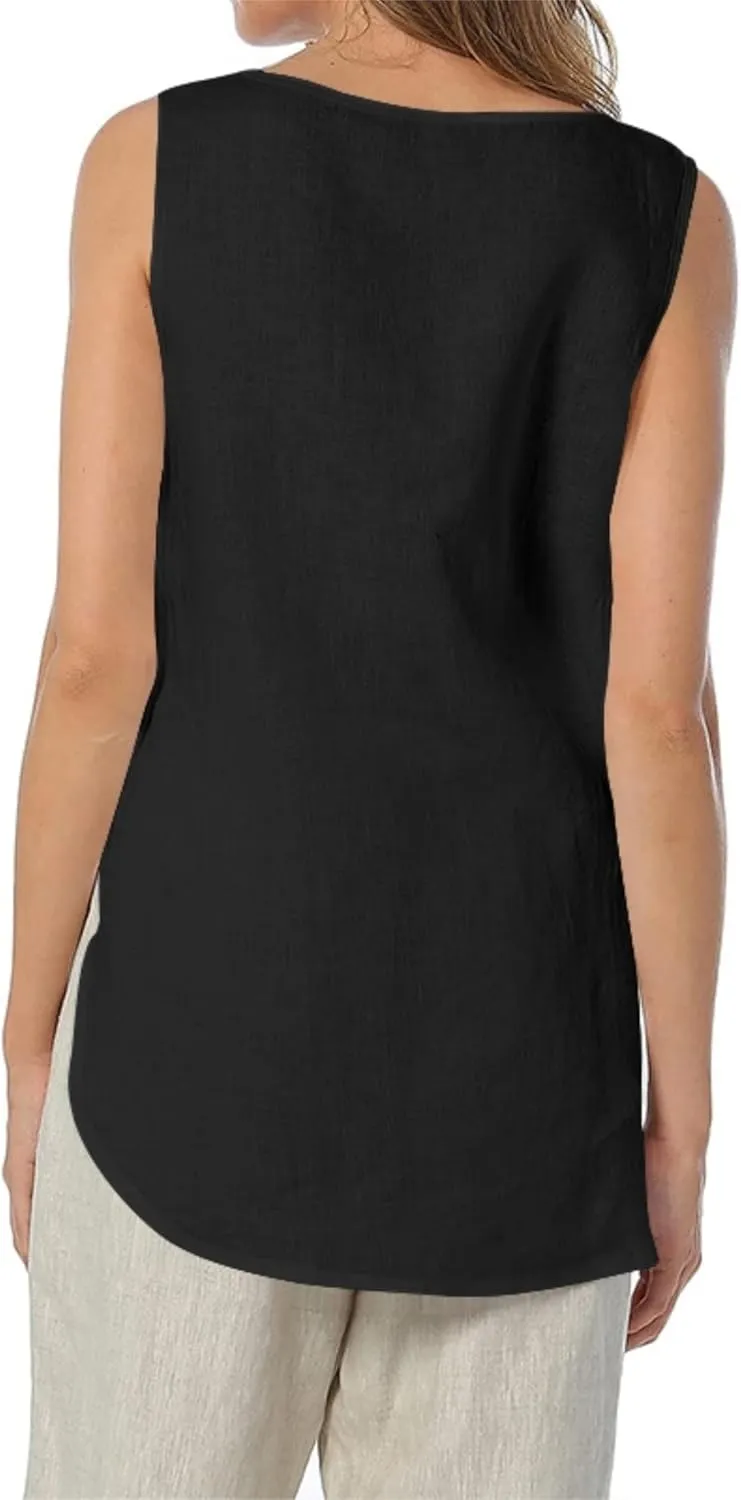 Womens Summer Casual Natural Linen Sleeveless Tank Tops Basic Lightweight Crewneck Blouse Shirts Layering Tee