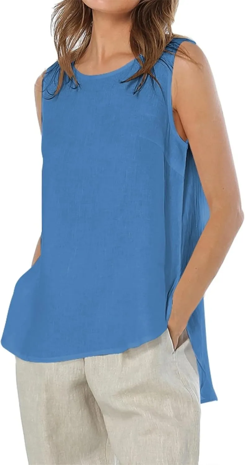 Womens Summer Casual Natural Linen Sleeveless Tank Tops Basic Lightweight Crewneck Blouse Shirts Layering Tee