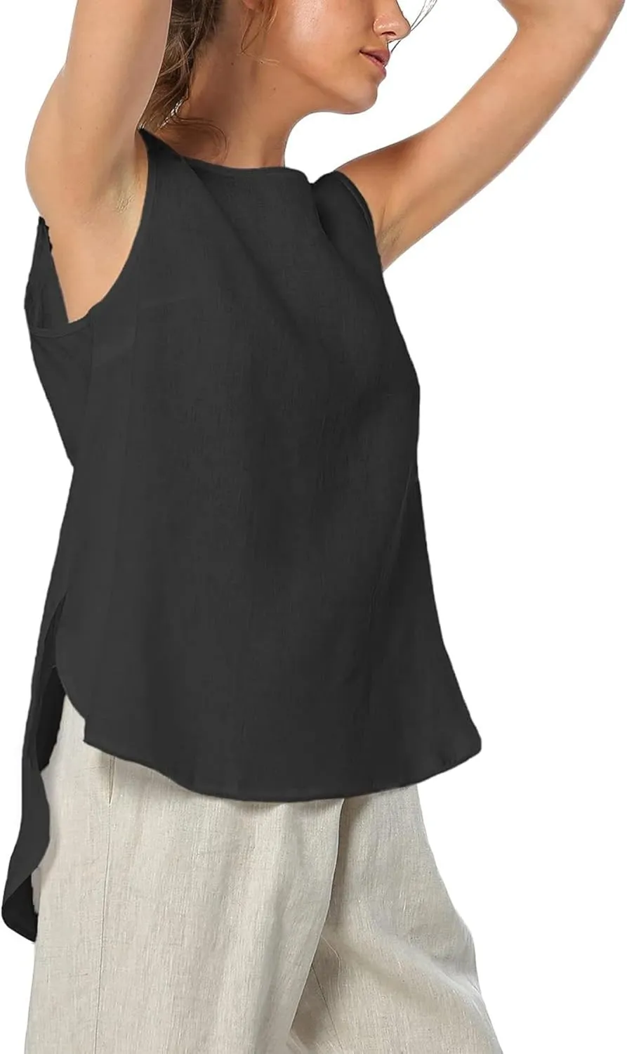 Womens Summer Casual Natural Linen Sleeveless Tank Tops Basic Lightweight Crewneck Blouse Shirts Layering Tee