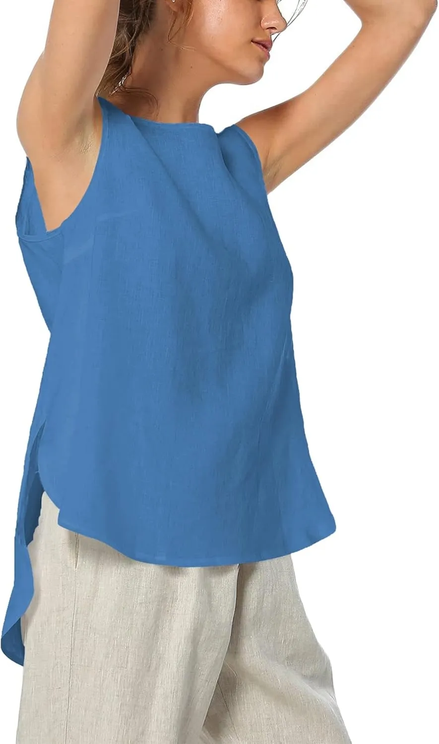 Womens Summer Casual Natural Linen Sleeveless Tank Tops Basic Lightweight Crewneck Blouse Shirts Layering Tee